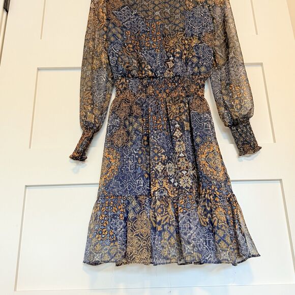 Michael Kors Women's Long Sleeve Midi Dress Navy & Gold Van Gogh Pattern - Picture 3 of 6